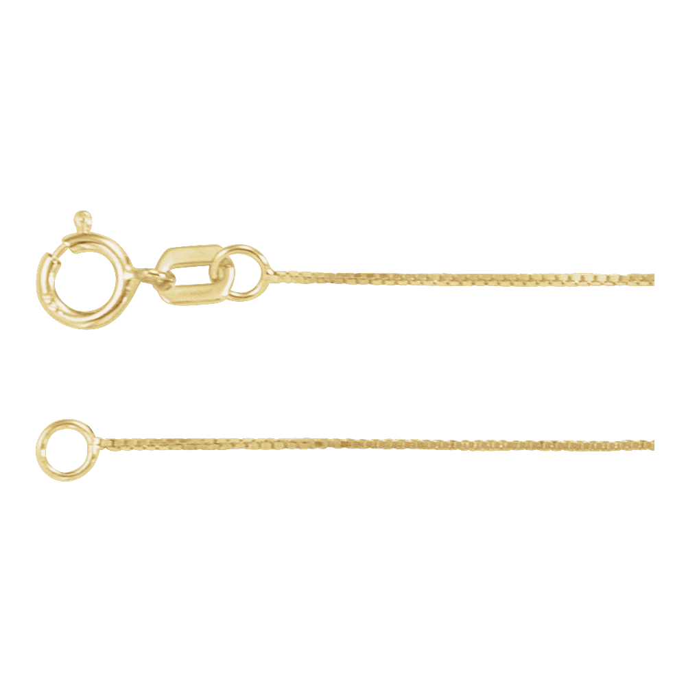 Close-up of Épure Carrée solid 14K yellow gold 0.55 mm box chain showing its polished square links and spring-ring clasp