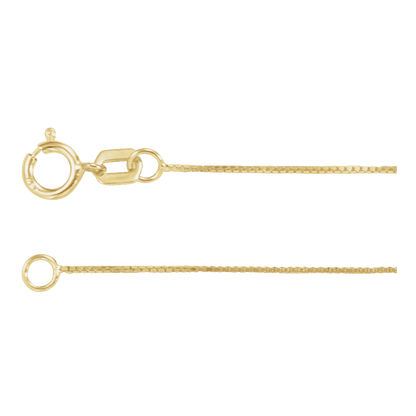 Close-up of Épure Carrée solid 14K yellow gold 0.55 mm box chain showing its polished square links and spring-ring clasp