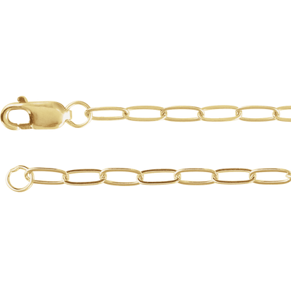 Close-up of the Élan 2.1 mm solid 14K yellow gold paperclip chain with elongated polished links