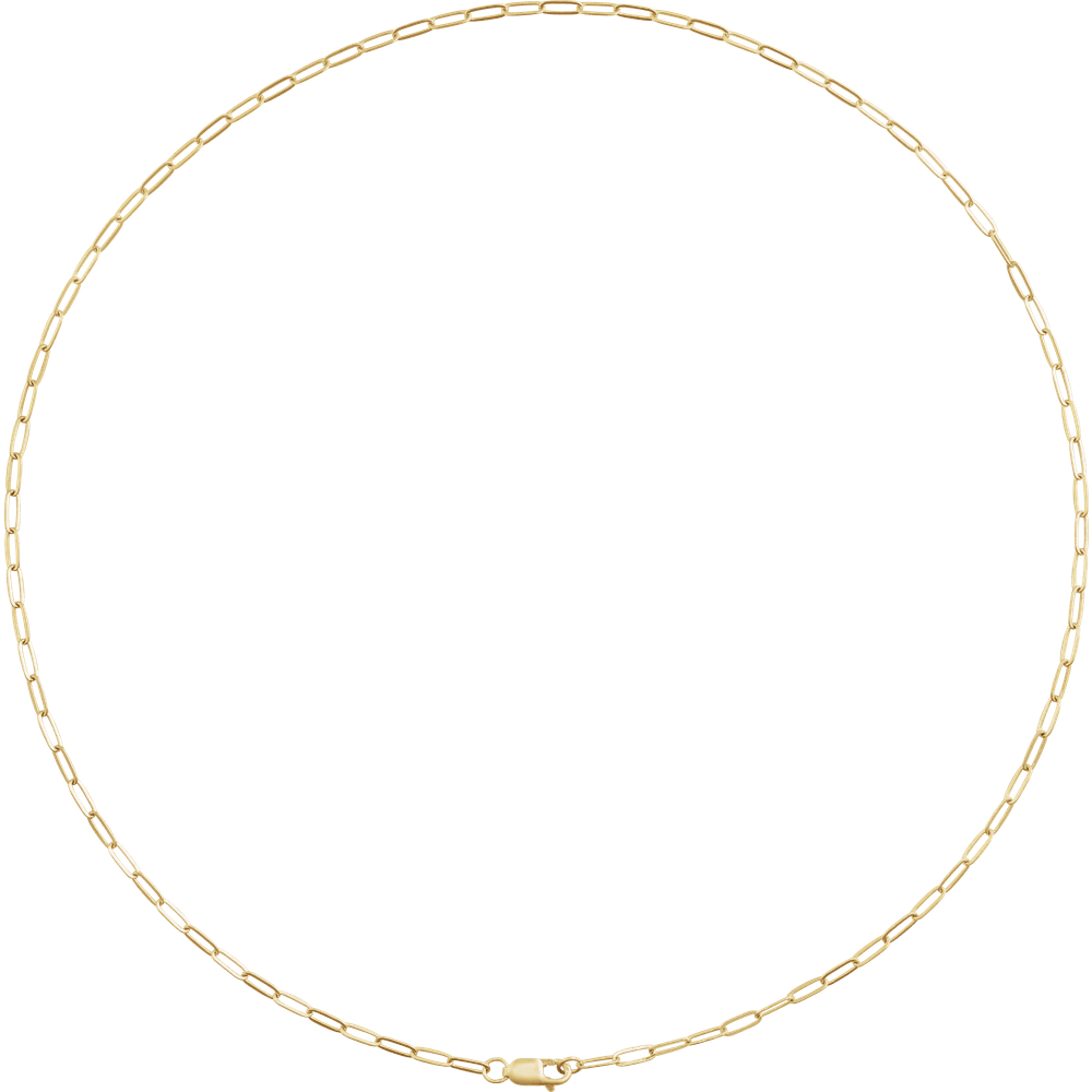 Close-up of Maillon Serein 2.1 mm 14K yellow gold-filled paperclip chain with elongated links and lobster clasp