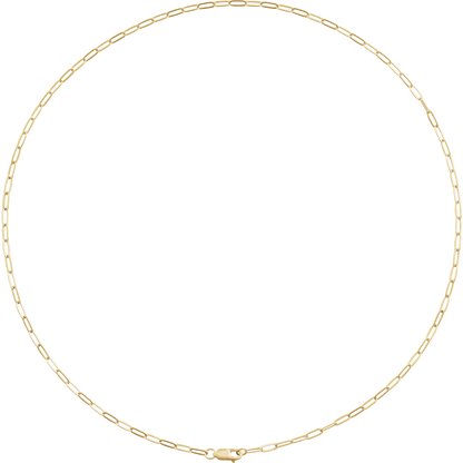 Close-up of Maillon Serein 2.1 mm 14K yellow gold-filled paperclip chain with elongated links and lobster clasp