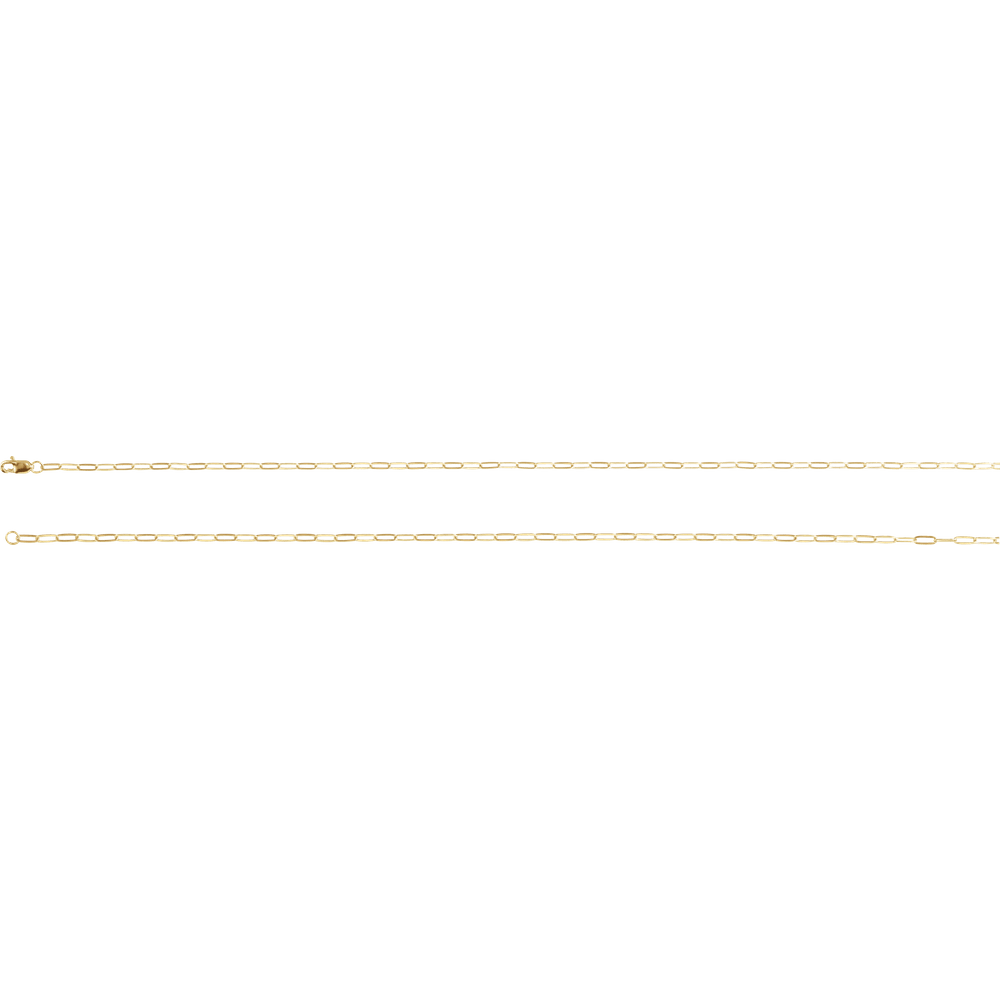 Full view of a polished 2.1 mm 14K yellow gold-filled paperclip chain available in multiple lengths