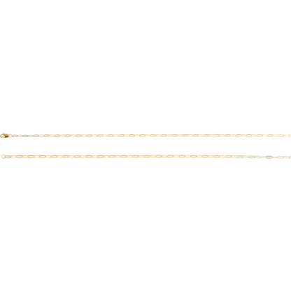 Full view of a polished 2.1 mm 14K yellow gold-filled paperclip chain available in multiple lengths