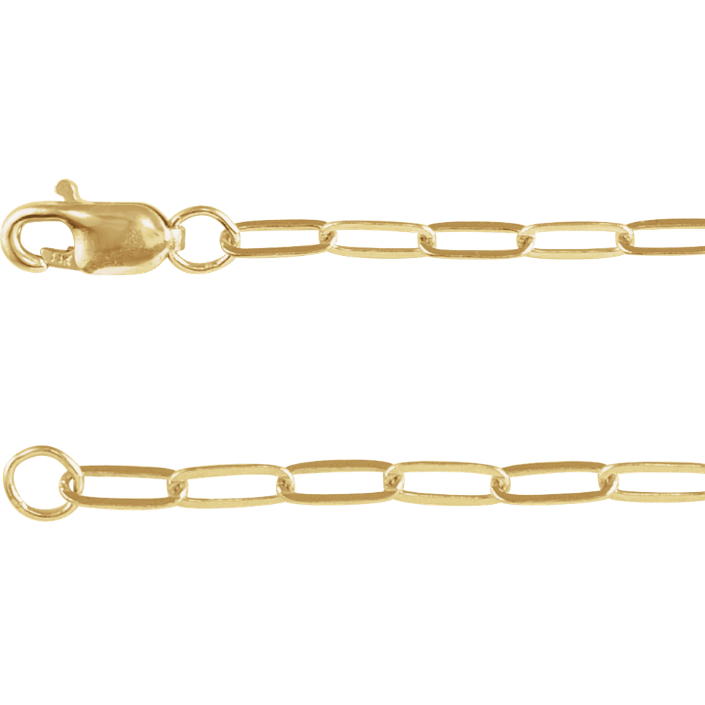 Detailed view of the elongated links on a polished 14K yellow gold-filled paperclip necklace