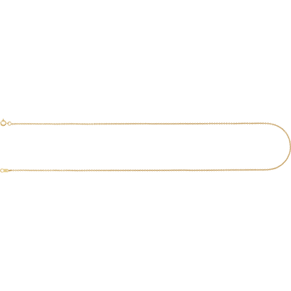 Full view of a delicate 1 mm 14K yellow gold-filled cable chain available in multiple necklace lengths