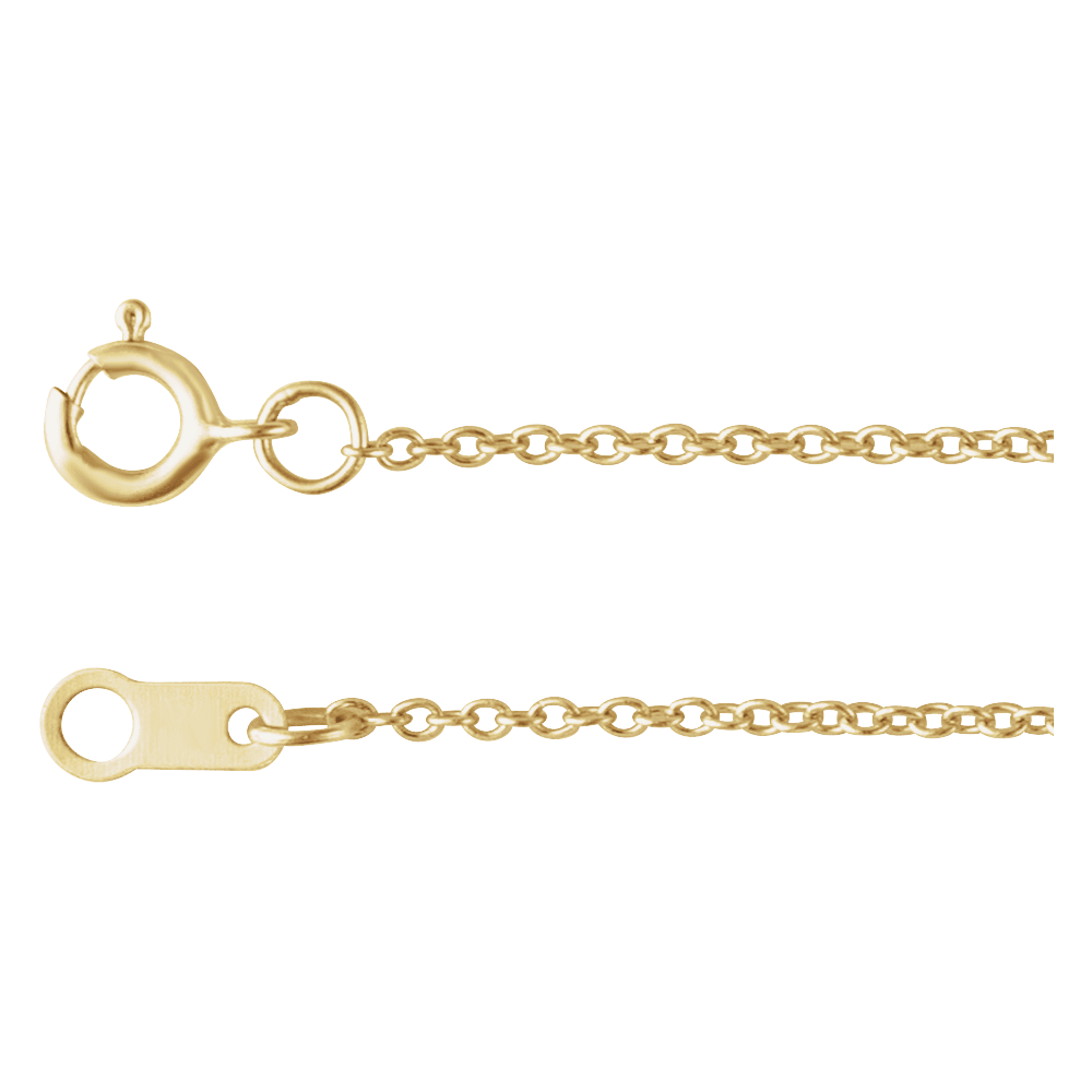 Close-up of Auréline 1 mm 14K yellow gold-filled cable chain with polished links and spring-ring clasp