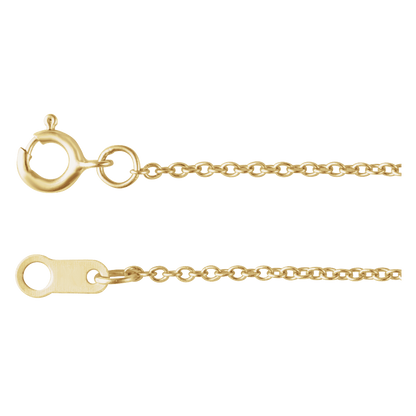 Close-up of Auréline 1 mm 14K yellow gold-filled cable chain with polished links and spring-ring clasp