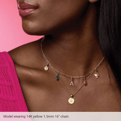 Woman wearing Élodie 14K gold-filled cable chain necklace in 18 inch length