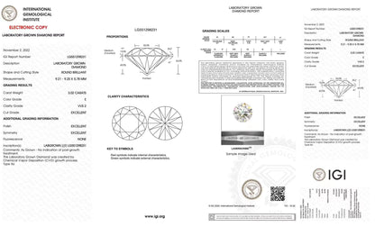 Diamond grading report with IGI logo on a white background