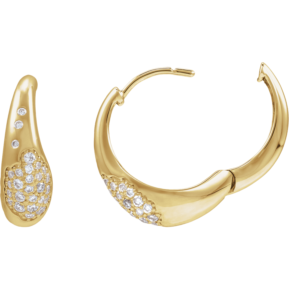 Gold hoop earrings with embedded diamonds on a white background