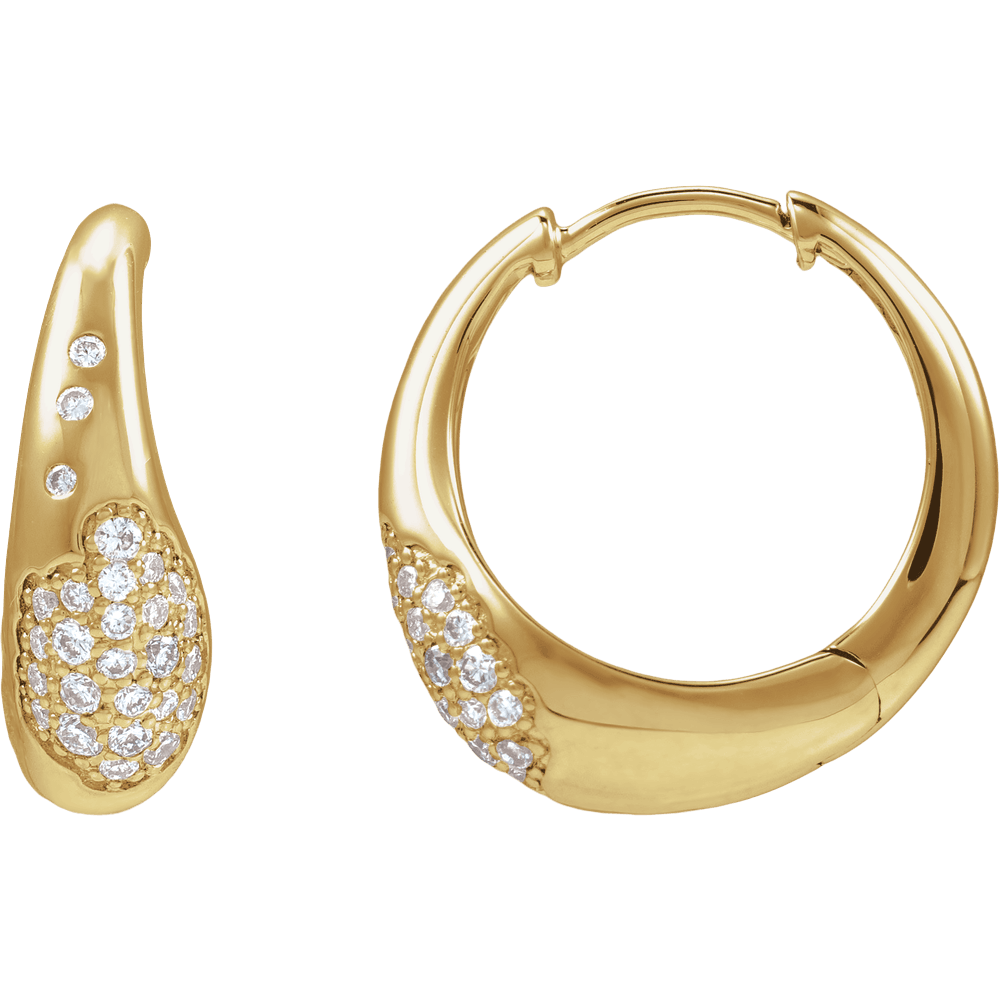 Gold hoop earrings with embedded diamonds on a white background
