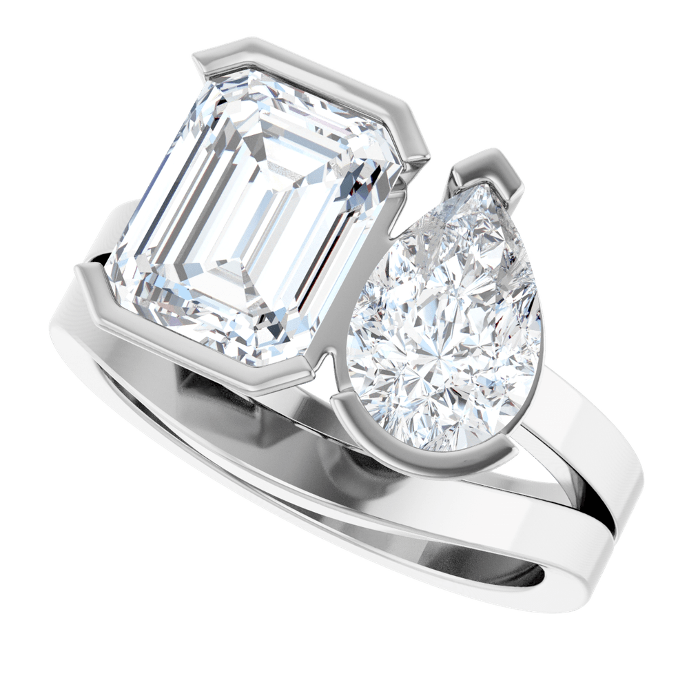Platinum Two-Stone Engagement Ring with Emerald Cut and Pear Cut Diamonds