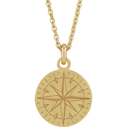 Solid 14K gold compass necklace with engraved compass rose