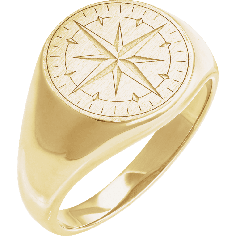 Solid 14K gold compass ring with compass rose engraving