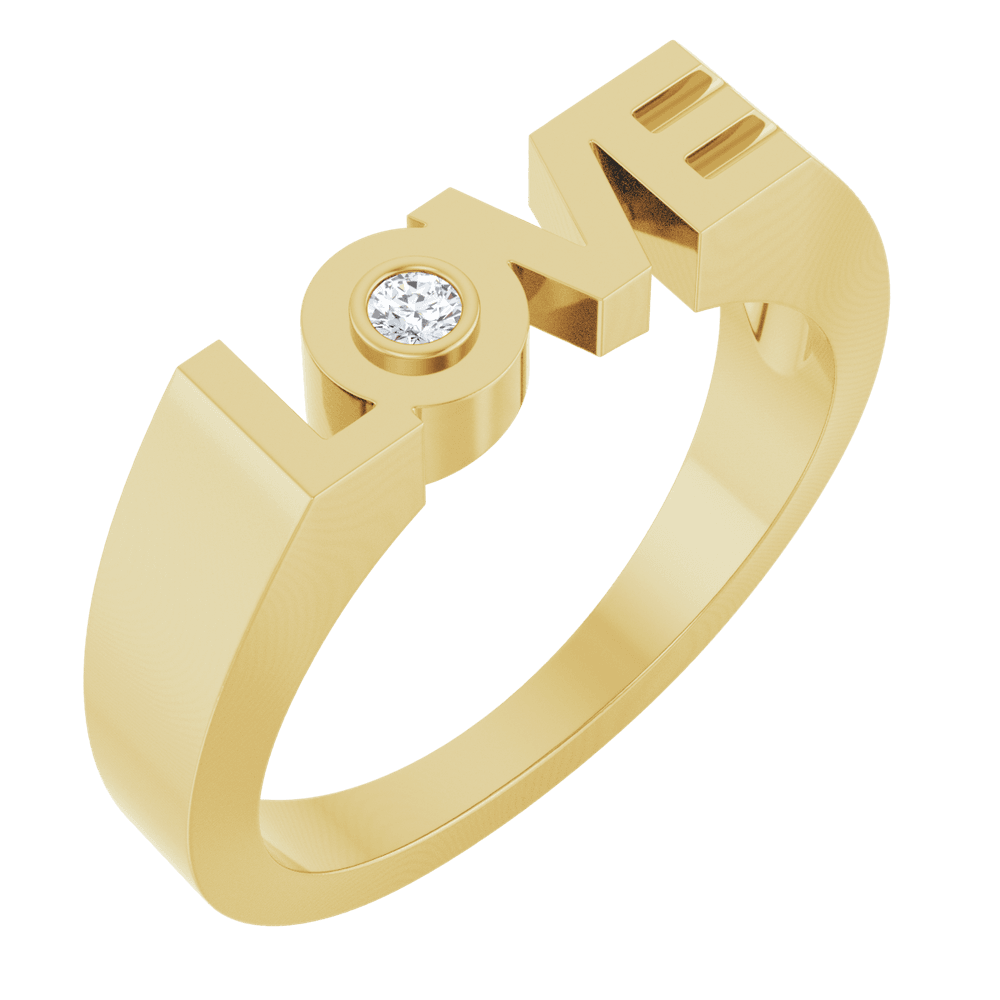 Front view of Guerilla Choice 14K yellow gold LOVE diamond ring