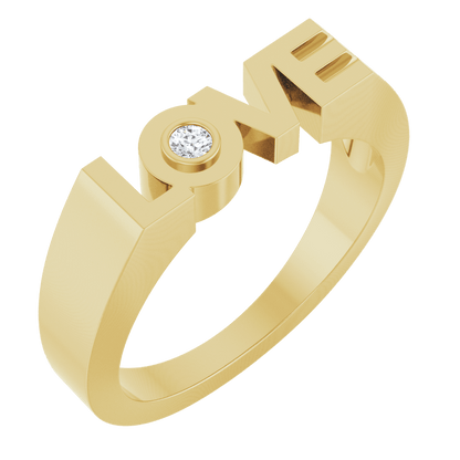Front view of Guerilla Choice 14K yellow gold LOVE diamond ring