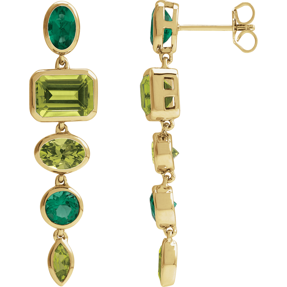 Front view of Guerilla Choice 14K yellow gold peridot dangle earrings