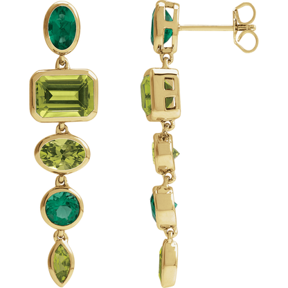 Front view of Guerilla Choice 14K yellow gold peridot dangle earrings