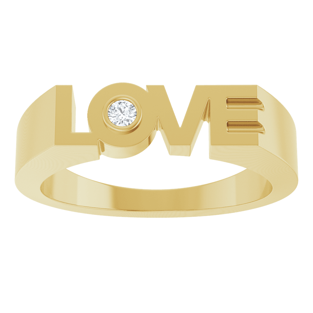 Angled view of Guerilla Choice 14K yellow gold LOVE diamond ring