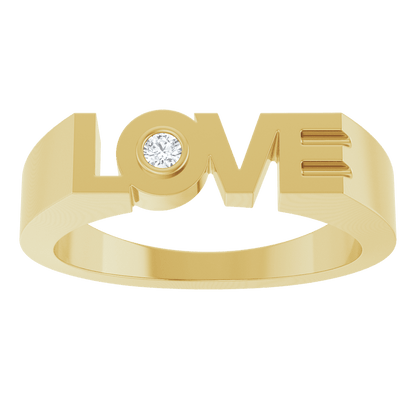 Angled view of Guerilla Choice 14K yellow gold LOVE diamond ring