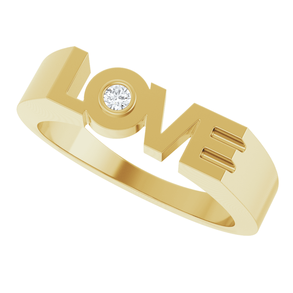 Side profile of Guerilla Choice 14K yellow gold LOVE ring with natural diamond detail