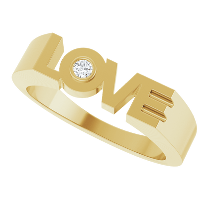 Side profile of Guerilla Choice 14K yellow gold LOVE ring with natural diamond detail