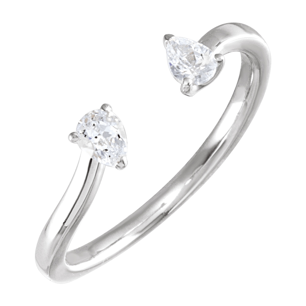 Front view of Guerilla Choice solid 14K white gold open ring with lab-grown pear diamonds