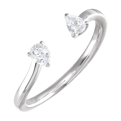 Front view of Guerilla Choice solid 14K white gold open ring with lab-grown pear diamonds