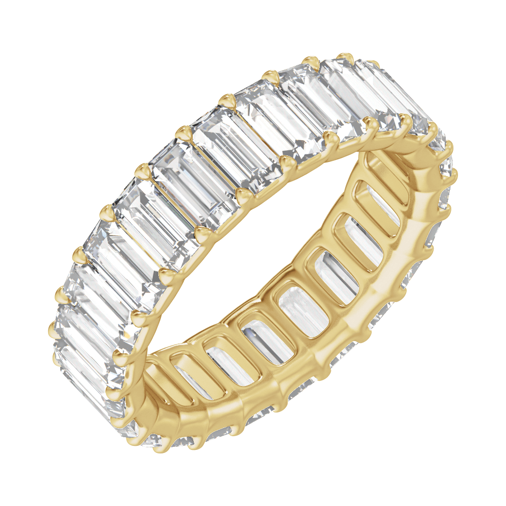 Three-quarter view of Guerilla Choice 14K yellow gold 4 3/4 CTW lab-grown straight baguette diamond full eternity band
