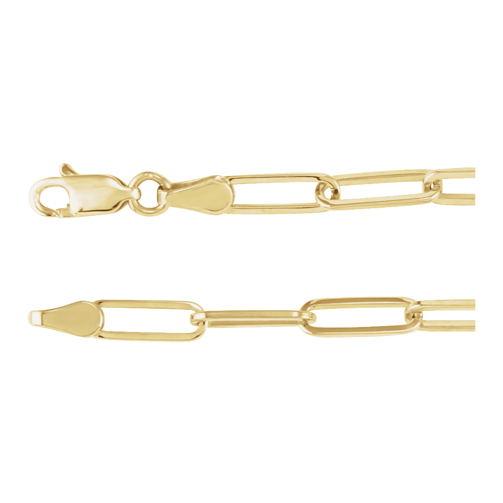 Angled view of the Portofino solid 14K yellow gold paperclip necklace