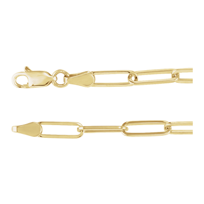 Angled view of the Portofino solid 14K yellow gold paperclip necklace